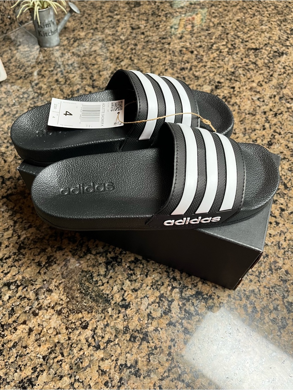 adidas Kids Black Slide Sandals with White Three-Stripes